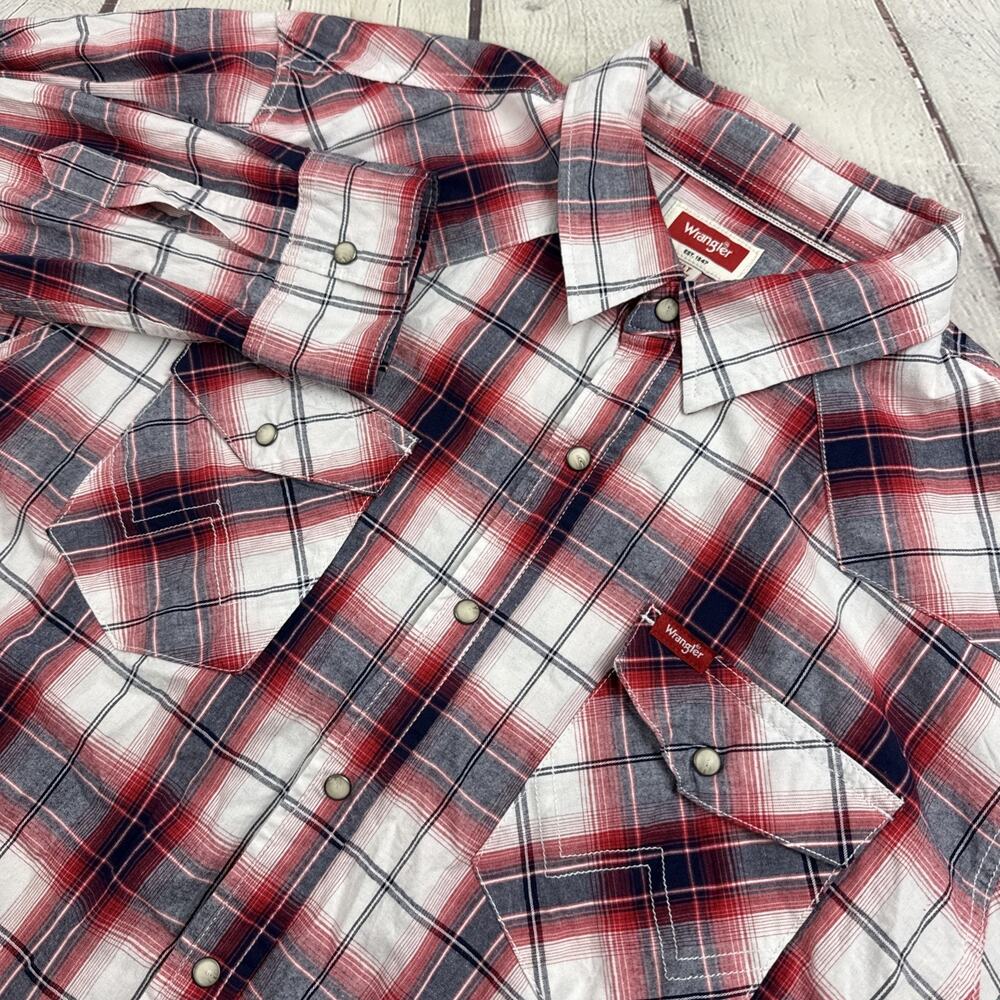 Wrangler Retro Pearl Snap Tartan Plaid Men XLT Red White Blue L/S Western